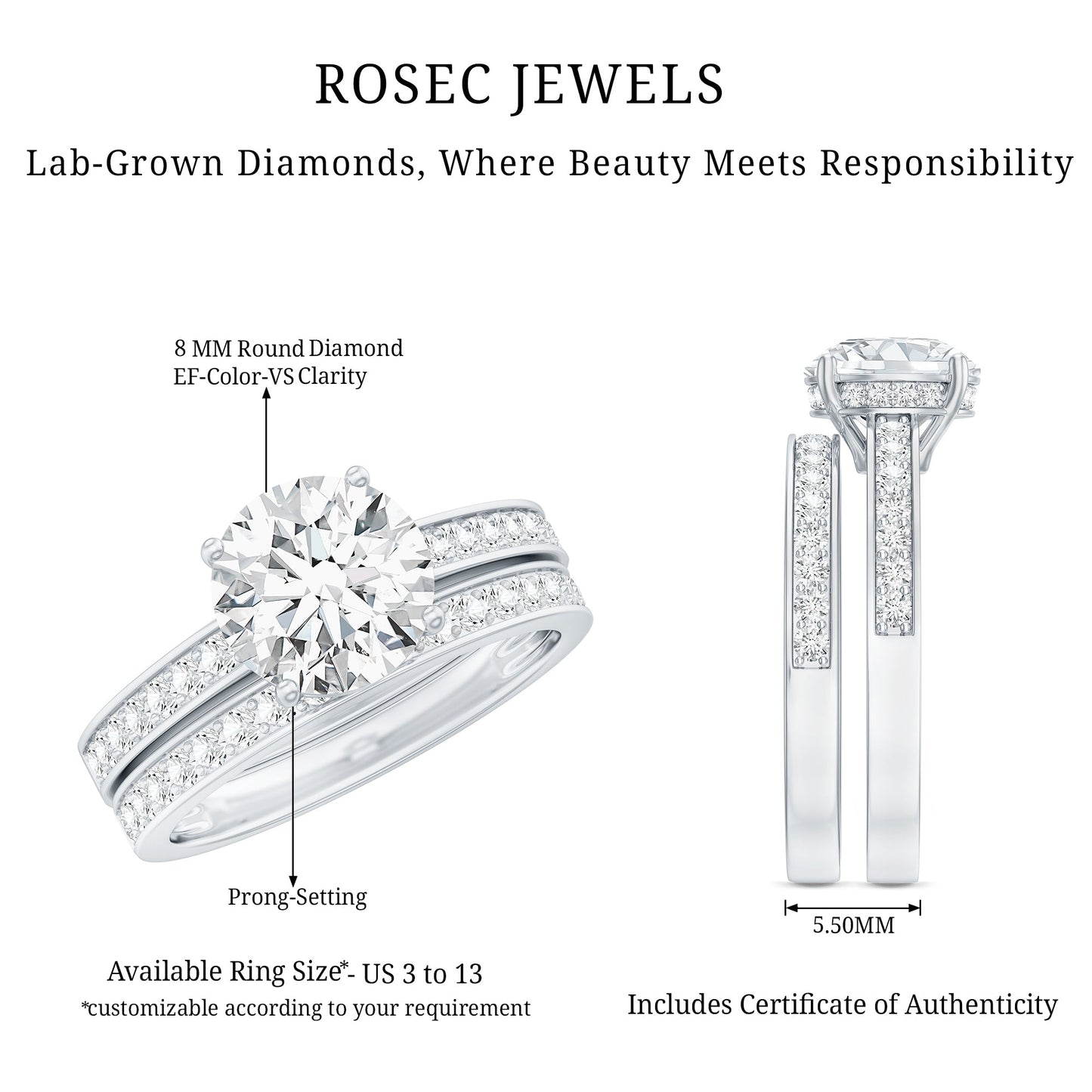 Certified 2 Carat Lab Grown Diamond Engagement Ring With Wedding Band