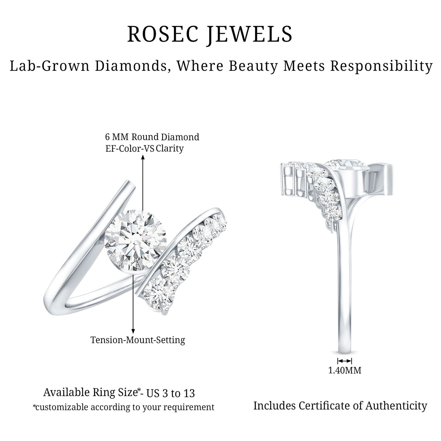Certified Lab Grown Diamond Bypass Engagement Ring for Women