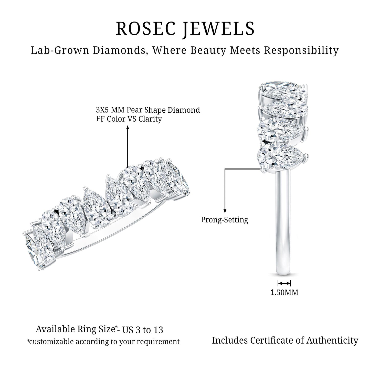 Pear Cut Lab Created Diamond Half Eternity Wedding Band