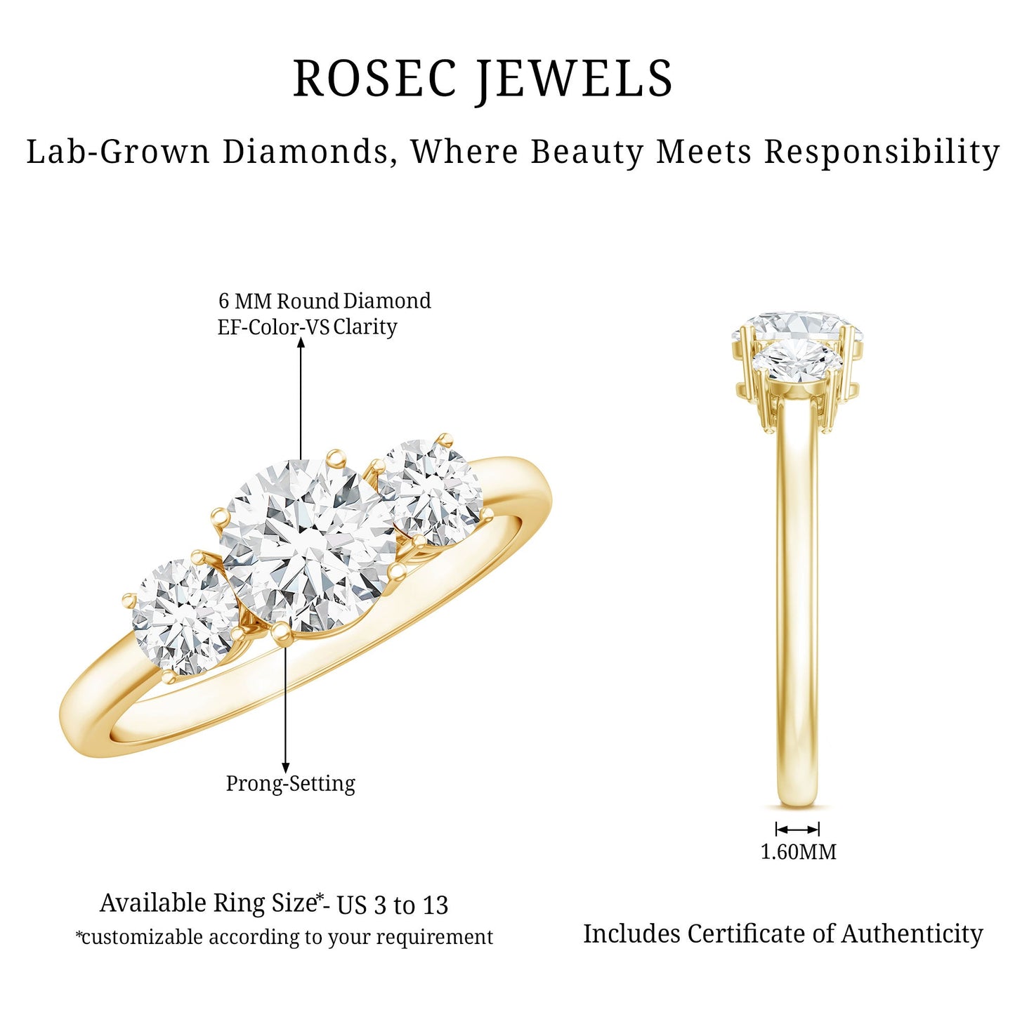 Round Cut Lab Grown Diamond 3 Stone Ring For Women