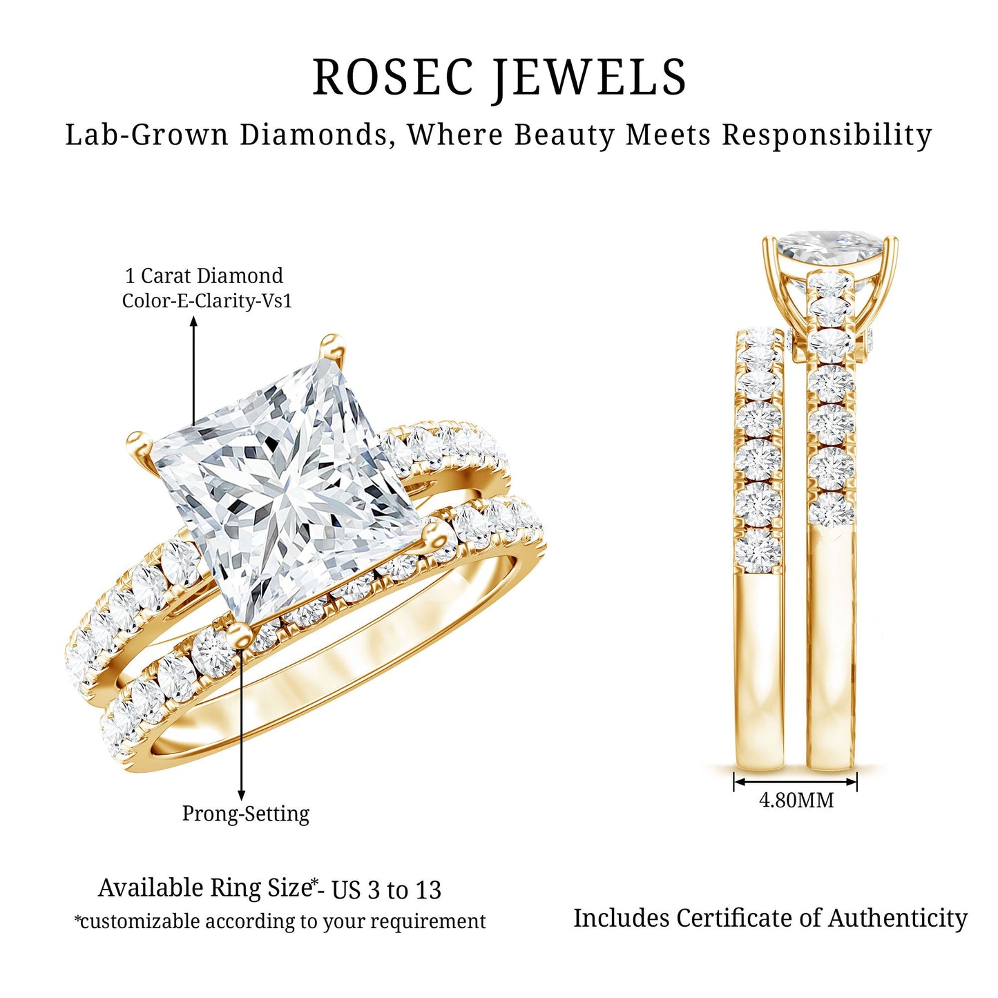 IGI Certified 1 Carat Lab Grown Diamond Princess Cut Engagement Ring with Band