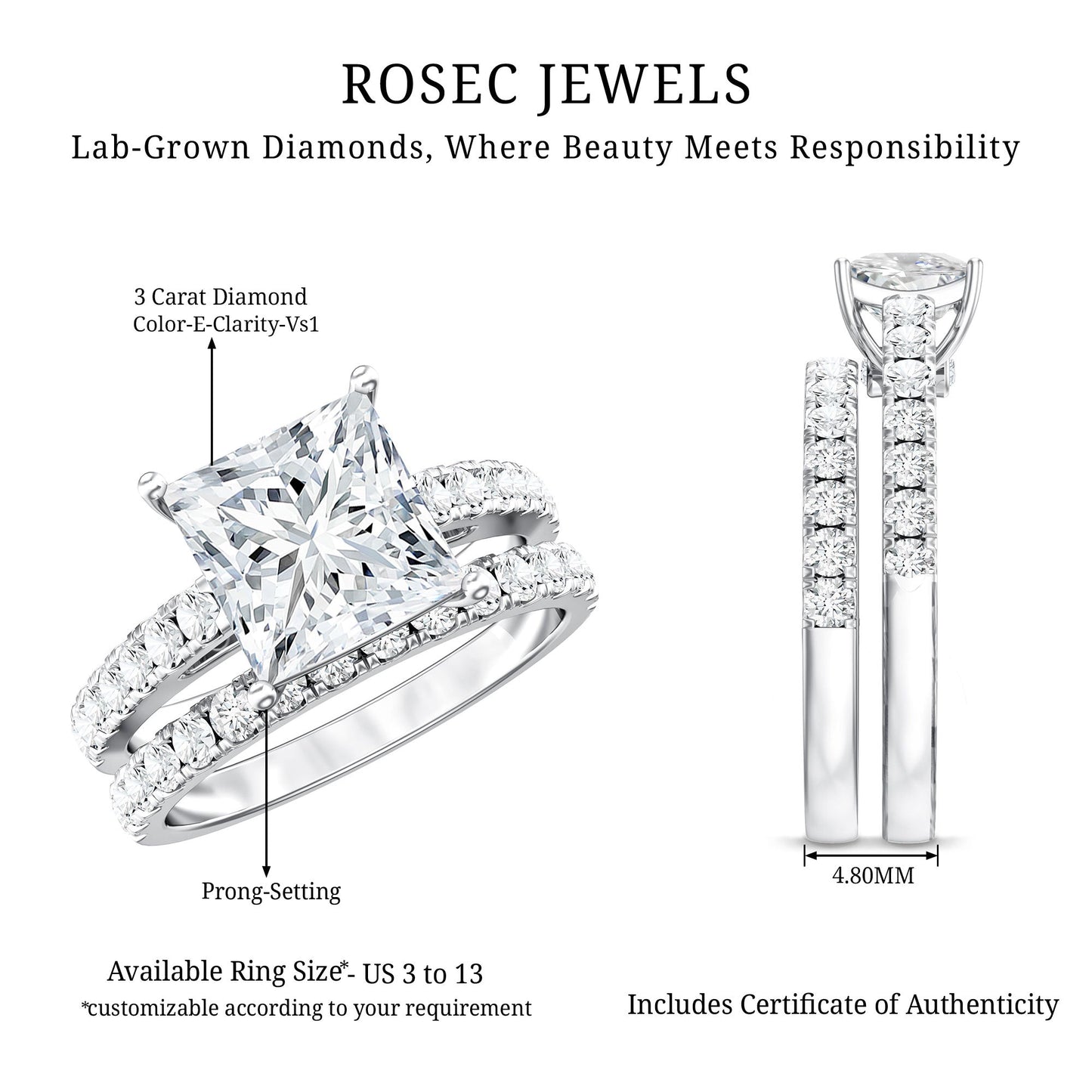 IGI Certified 3 Carat Princess Cut Lab Grown Diamond Wedding Ring Set