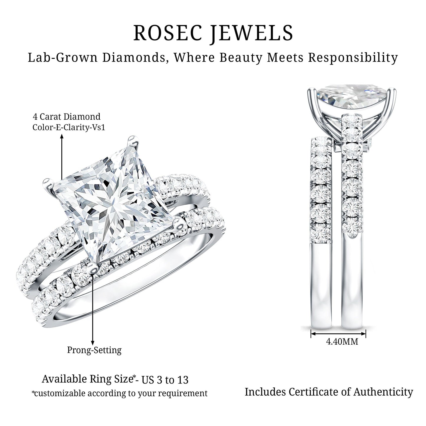 IGI Certified 4 Carat Princess Cut Lab Grown Diamond Engagement Ring With Wedding Band