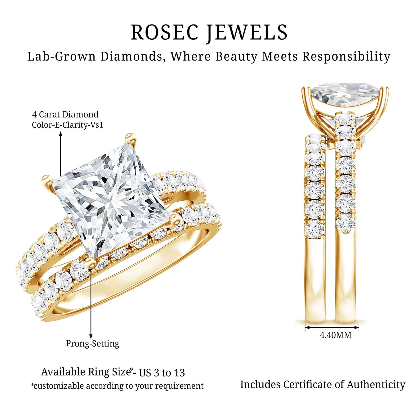IGI Certified 4 Carat Princess Cut Lab Grown Diamond Engagement Ring With Wedding Band