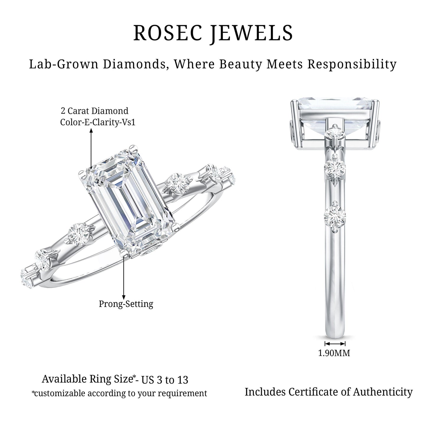 Emerald Cut 2 Carat Lab Grown Diamond Engagement Ring IGI Certified