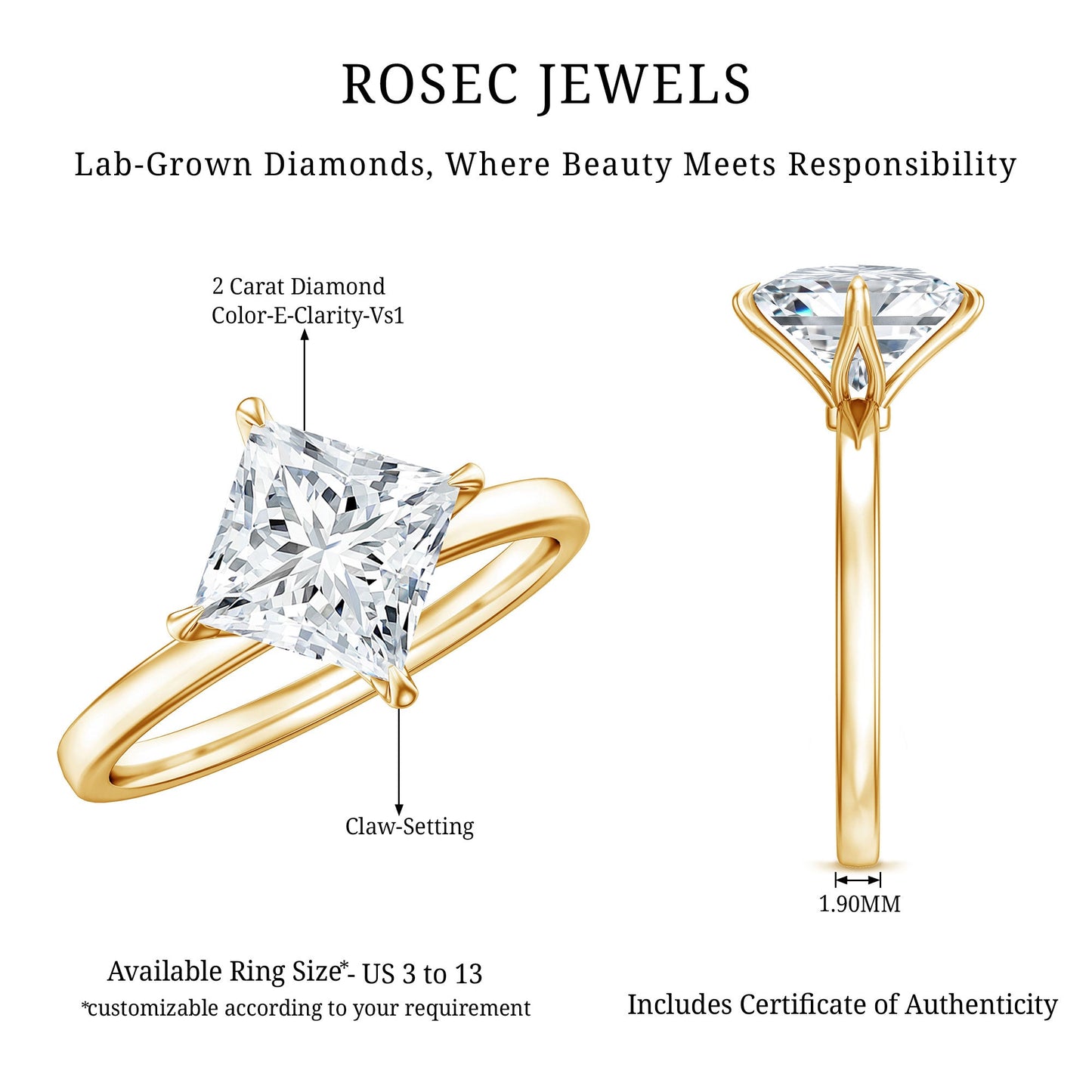 Solitaire 2 Carat Lab Grown Diamond Princess Cut Engagement Ring IGI Certified