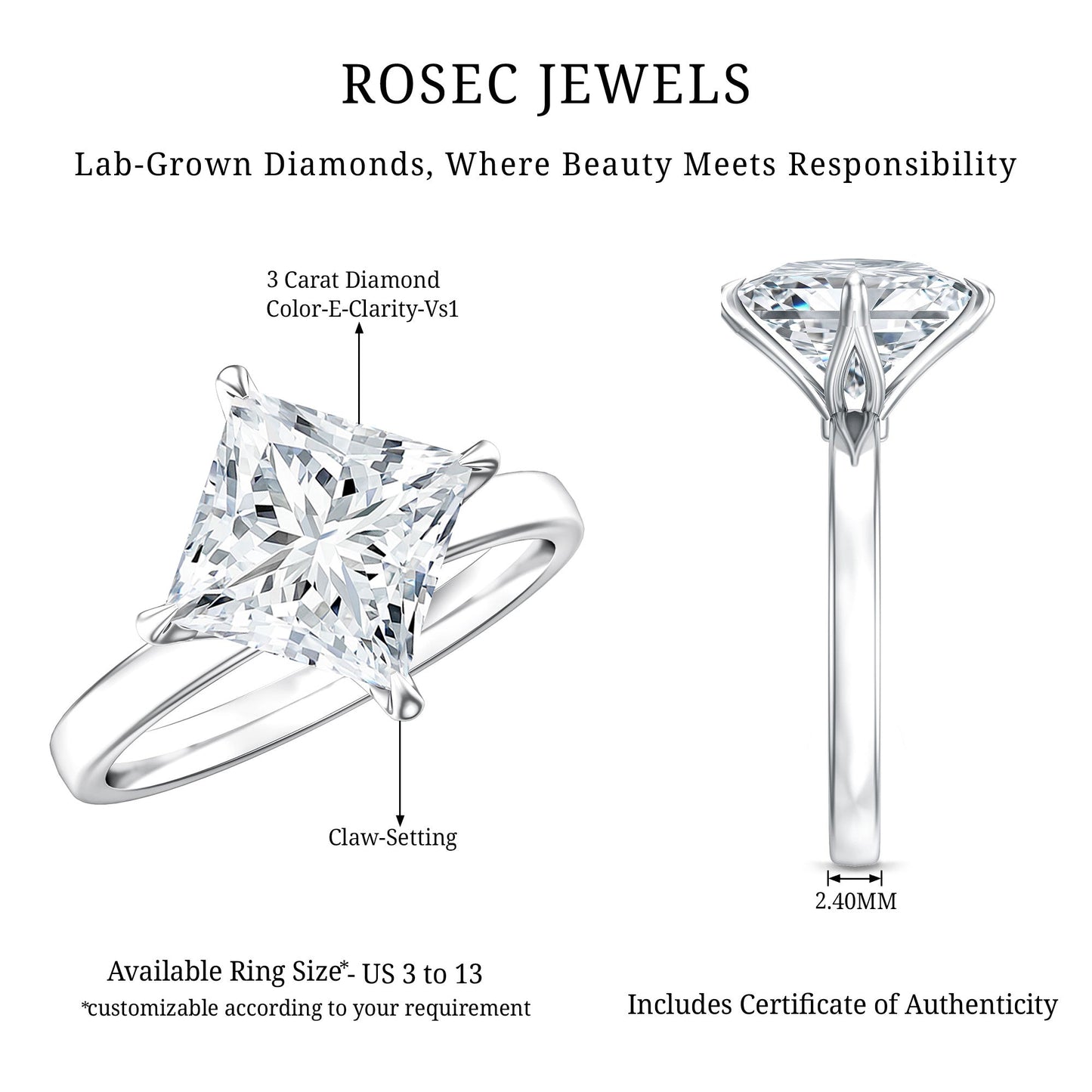 IGI Certified Lab Grown Diamond 3 Carat Princess Cut Engagement Ring