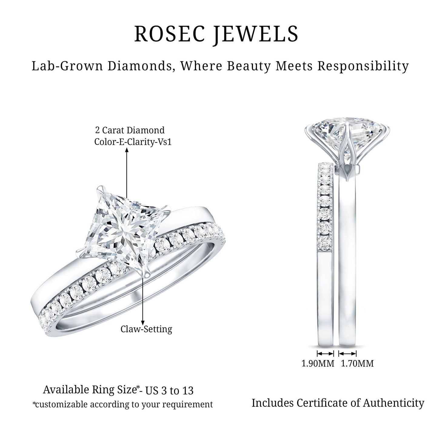 IGI Certified 2 Carat Lab Grown Diamond Princess Cut Bridal Ring Set for Her