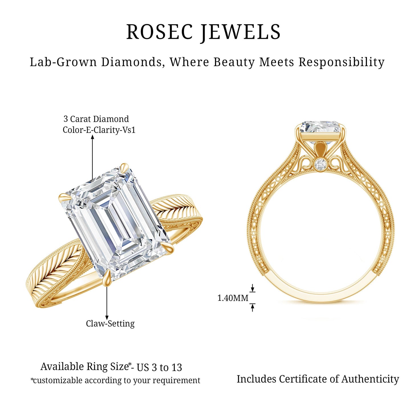 Ethically Sourced 3 Carat Lab Grown Diamond Emerald Cut Engagement Ring IGI Certified