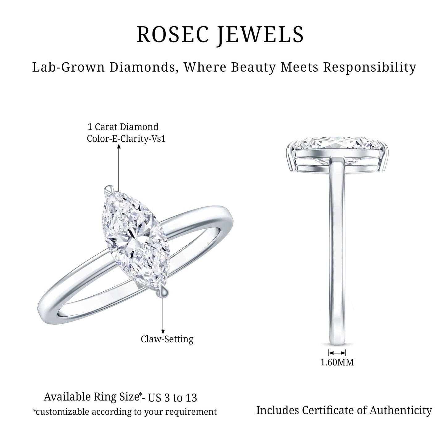 IGI Certified Lab Grown 1 Carat Diamond Marquise Engagement Ring Solitaire