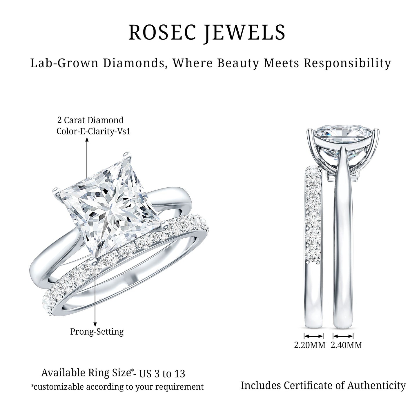 IGI Certified 2 Carat Lab Grown Diamond Princess Cut Engagement Ring With Wedding Band