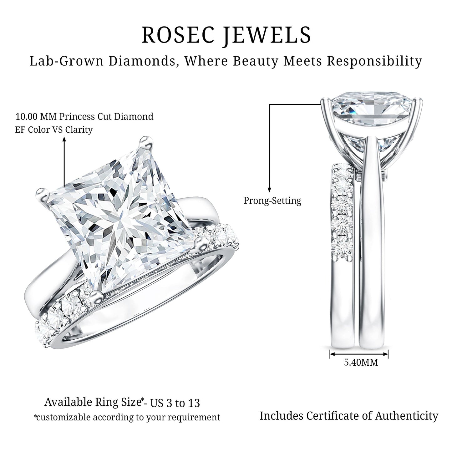 5 Carat Huge Lab Grown Diamond Princess Cut Engagement Ring Set with IGI Certificate
