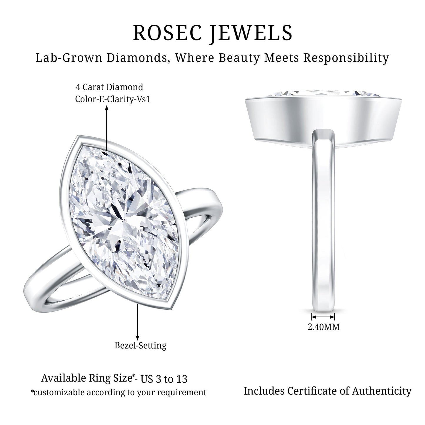 4 Carat Marquise Cut Lab Grown Diamond Bezel Engagement Ring with IGI Certificate