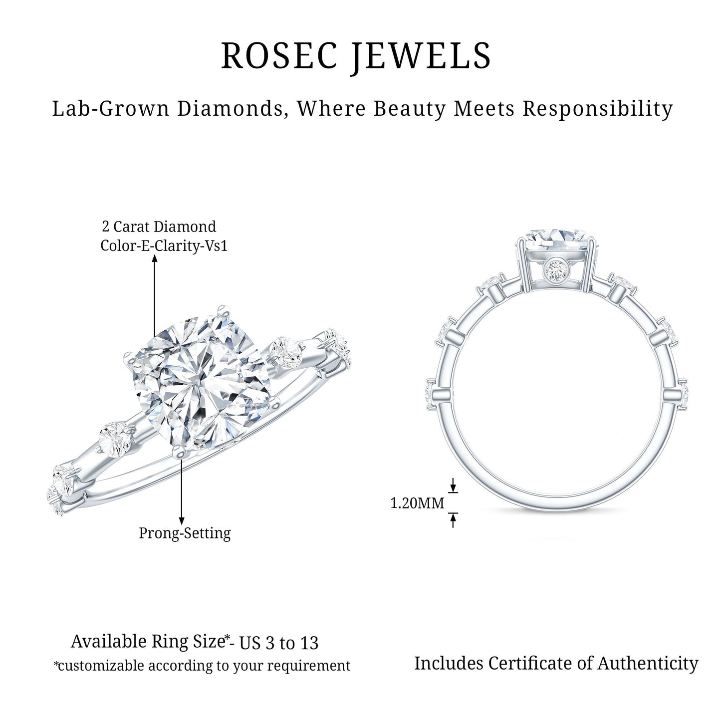 Cushion Cut 2 Carat Lab Grown Diamond Solitaire Engagement Ring with IGI Certificate