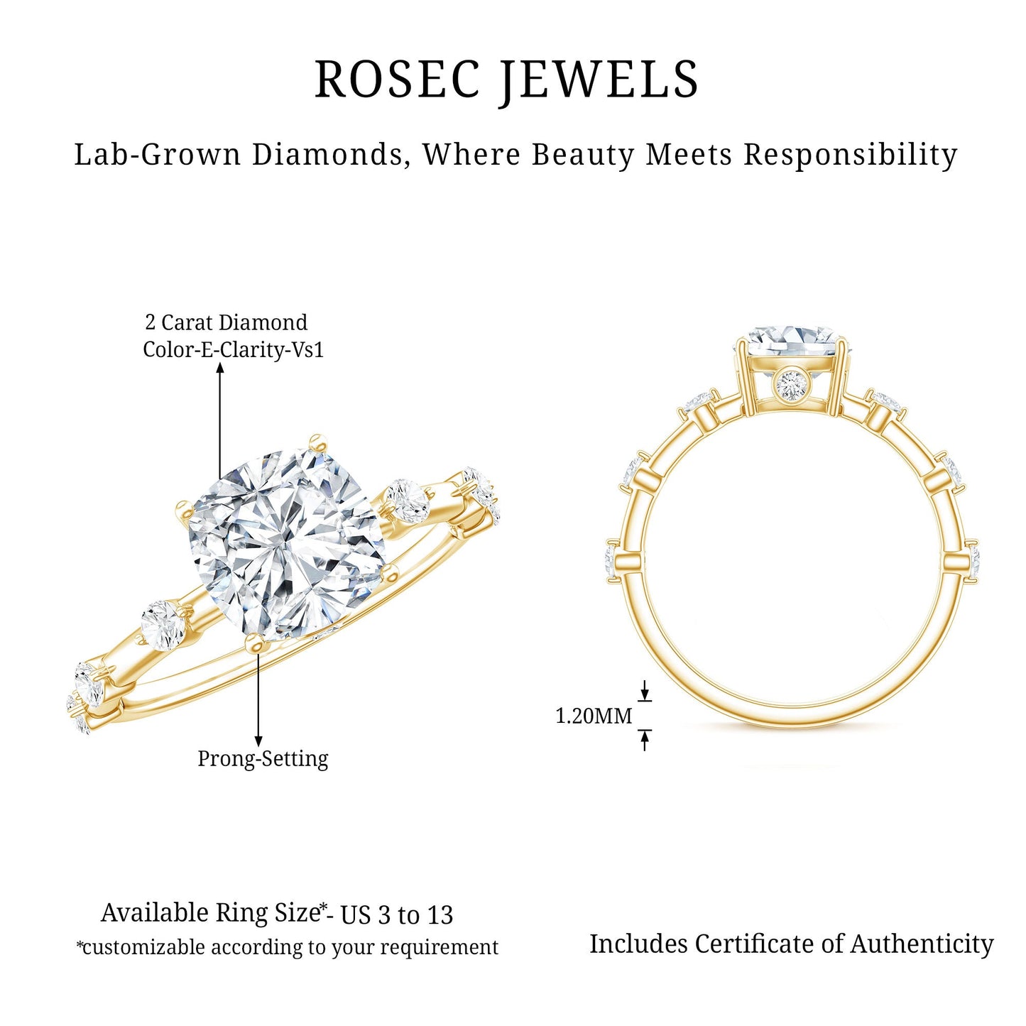 Cushion Cut 2 Carat Lab Grown Diamond Solitaire Engagement Ring with IGI Certificate