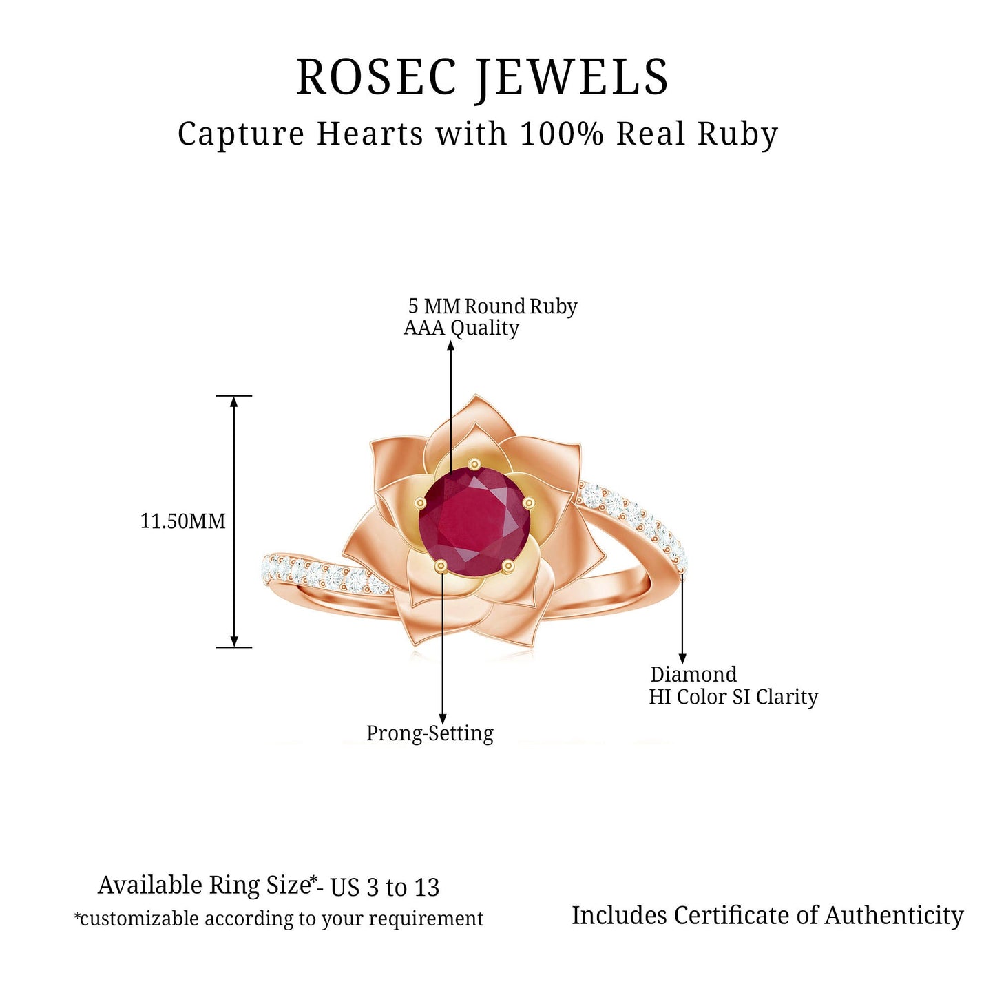 Natural 0.6 Carat Ruby Flower Engagement Ring with Diamond Bypass Shank