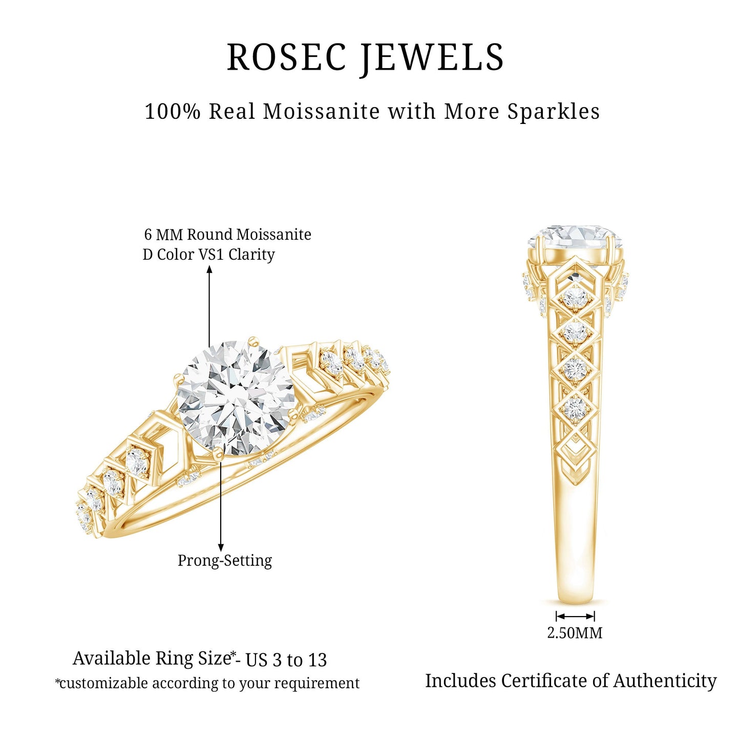 Round Cut Certified Moissanite Art Deco Engagement Ring