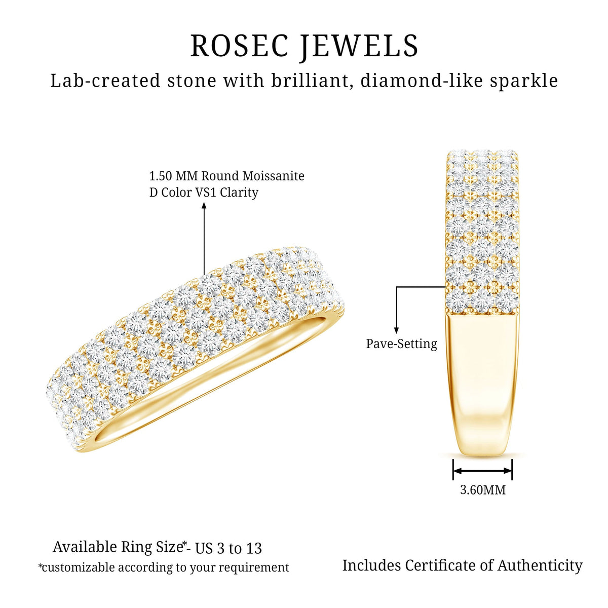 Three Row Moissanite Half Eternity Band Ring