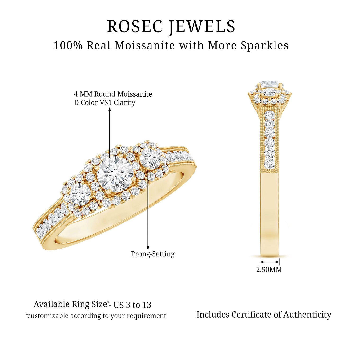 Vintage Style Moissanite 3 Stone Engagement Ring