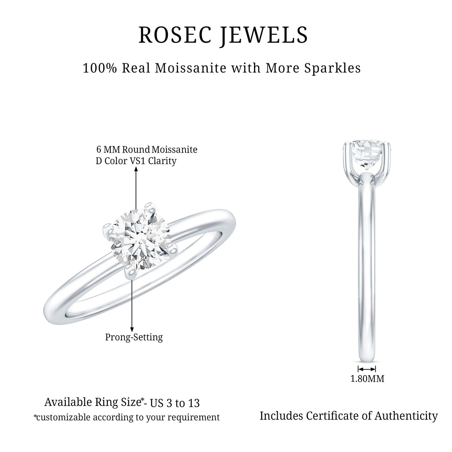 Certified 0.9 Carat Moissanite Solitaire Promise Ring for Her