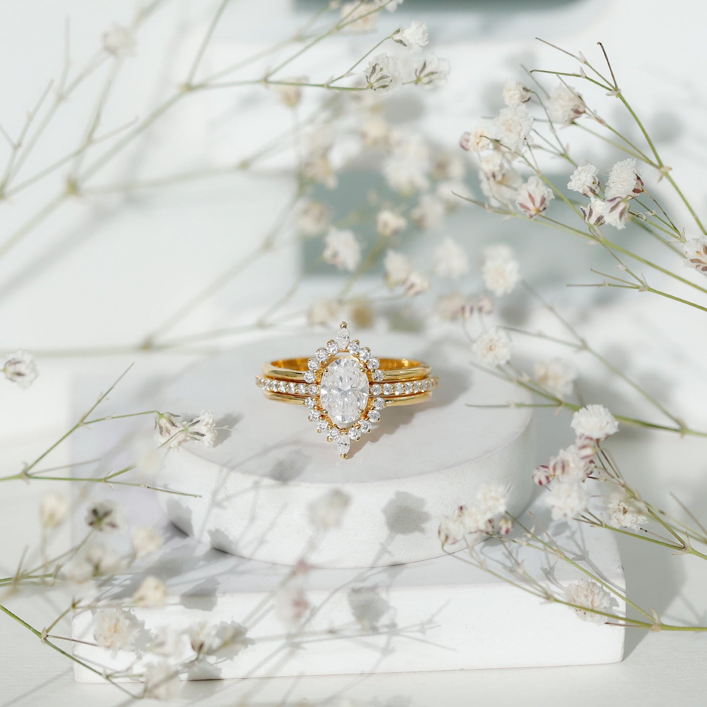 Certified Moissanite Oval Engagement Ring Set With Wedding Bands