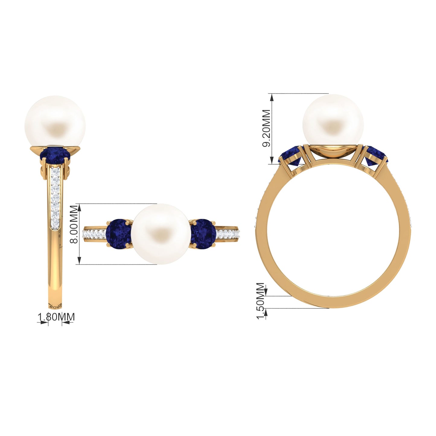 7.4 Carat White Pearl and Sapphire 3 Stone Engagement Ring with Diamond