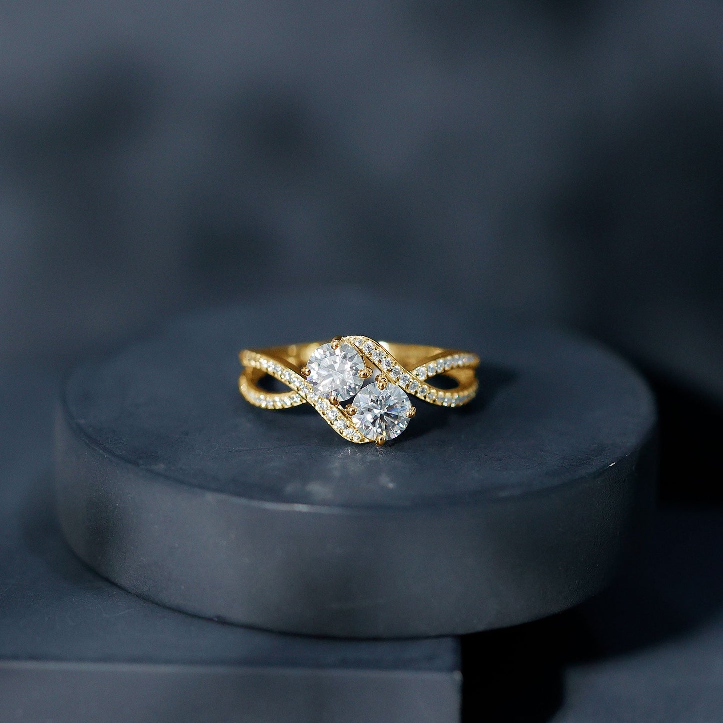 Certified Moissanite Two Stone Engagement Ring in Bypass Band