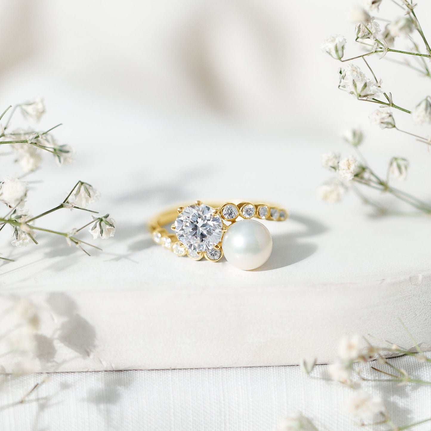 Freshwater Pearl and Moissanite Toi Et Moi Cocktail Ring