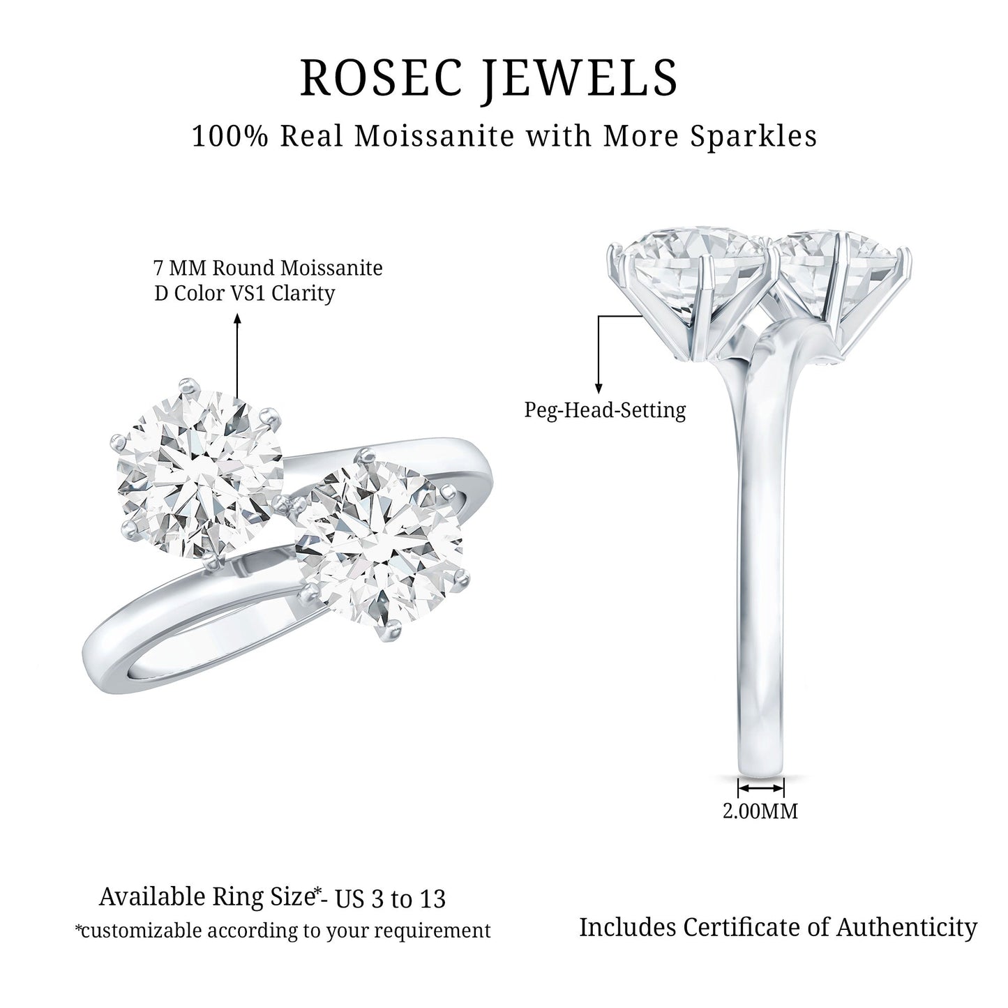 7 MM Round Certified Moissanite Toi et Moi Engagement Ring