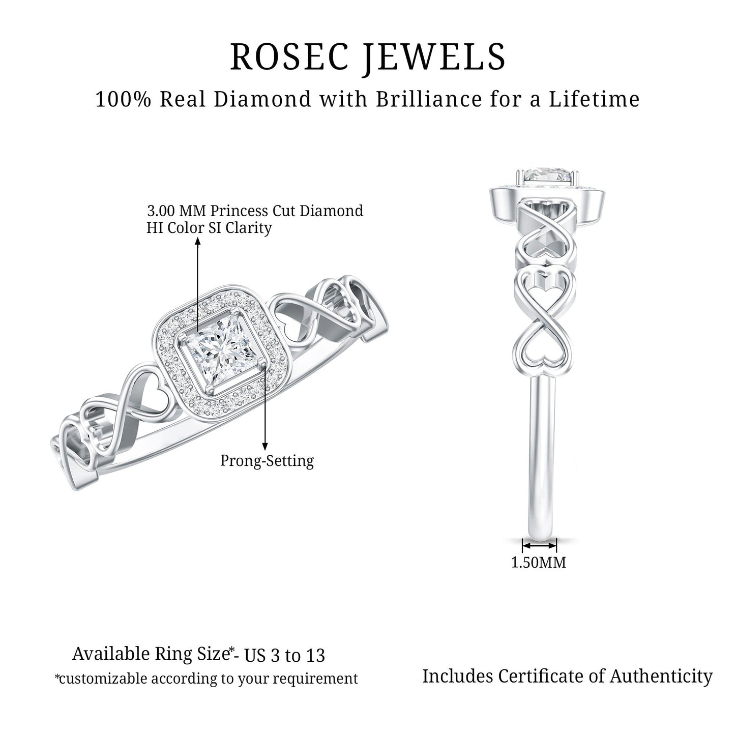 Real Princess Cut Diamond Infinity Heart Engagement Ring