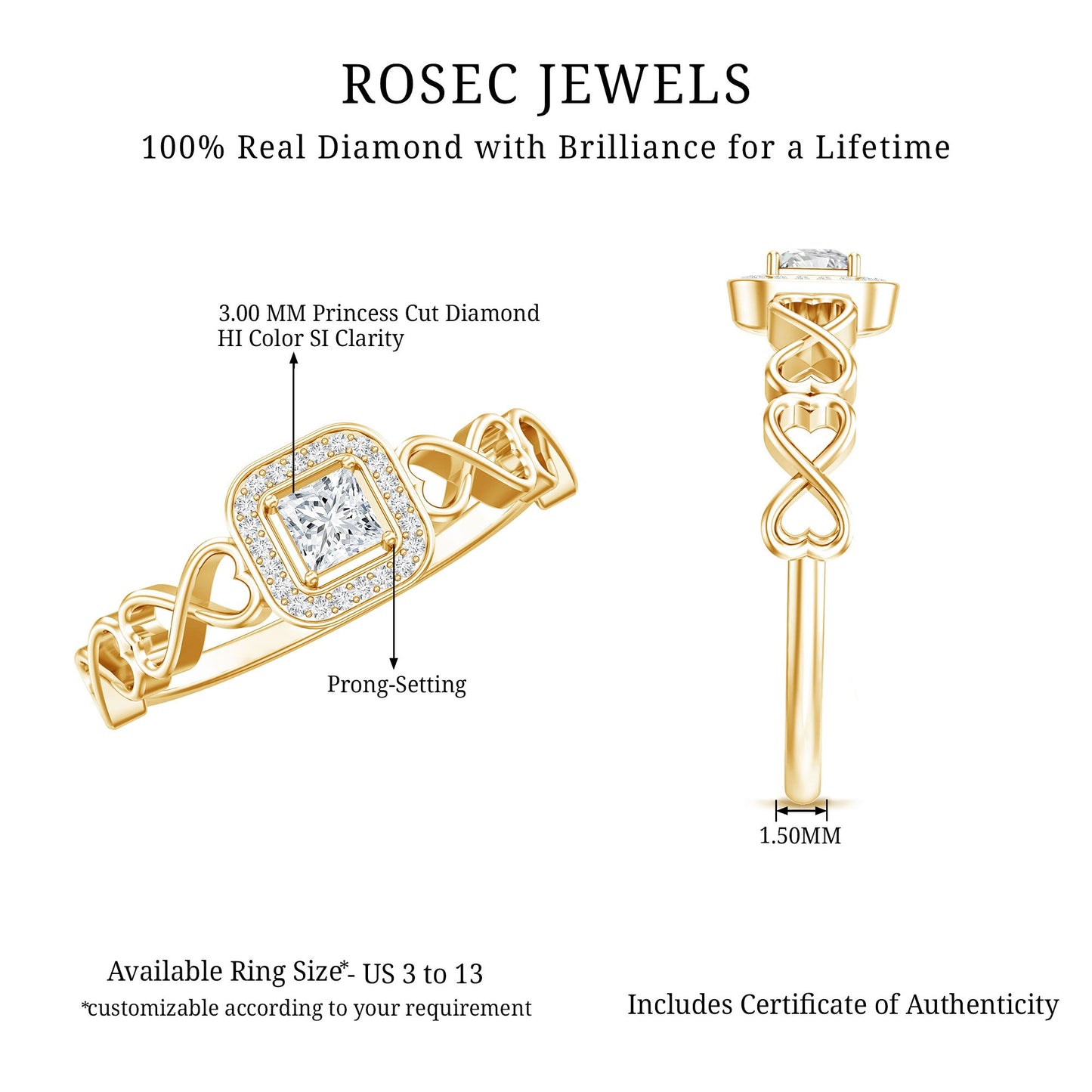 Real Princess Cut Diamond Infinity Heart Engagement Ring