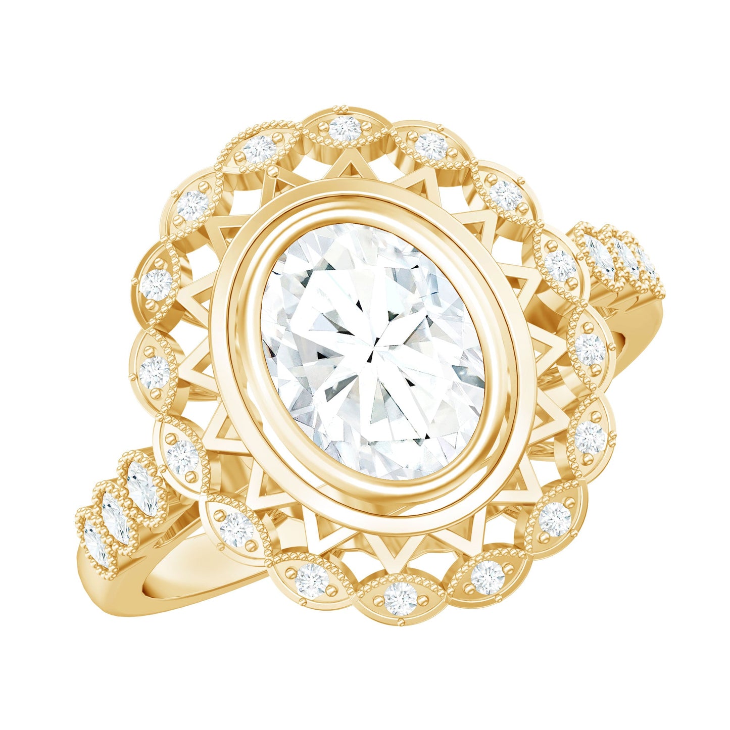 Oval Moissanite Retro Engagement Ring in Beaded Bezel Setting
