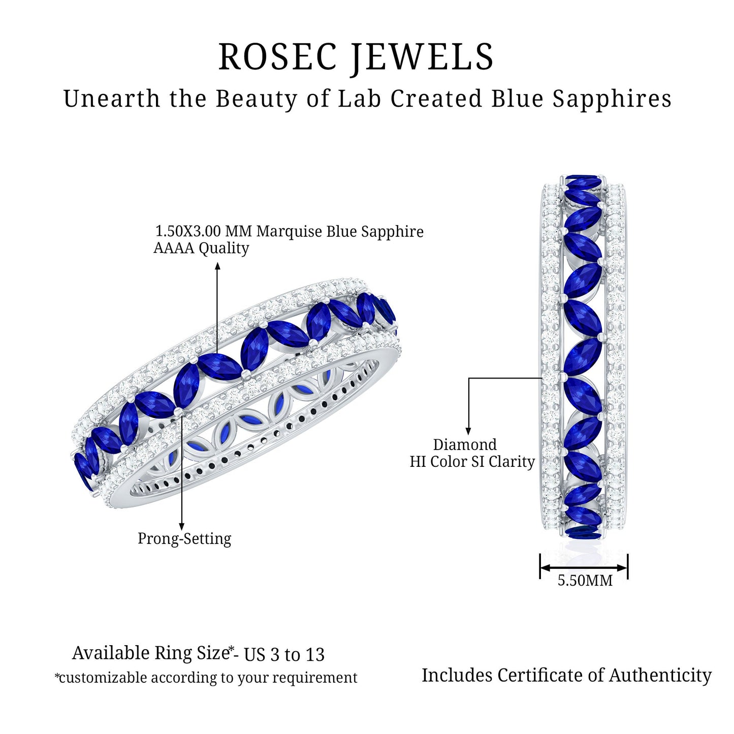 Marquise Lab Created Blue Sapphire and Diamond Wedding Band Ring