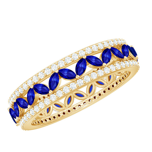 Marquise Lab Created Blue Sapphire and Diamond Wedding Band Ring