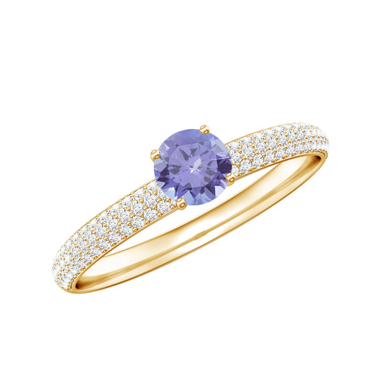 Natural Tanzanite Engagement Ring with Pave Diamond Side Stones