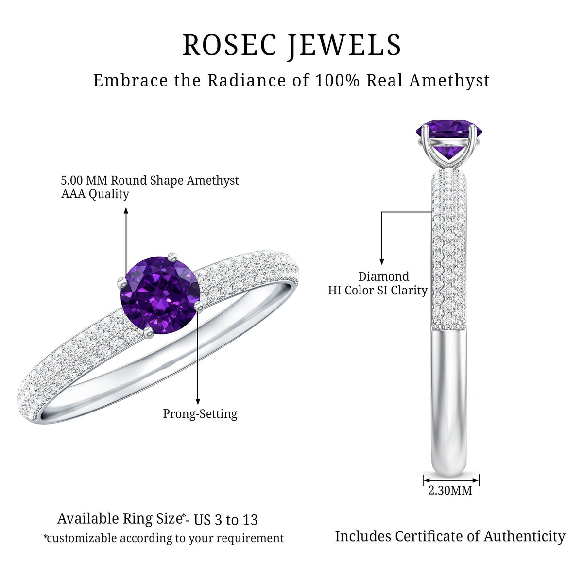 Natural Amethyst Engagement Ring with Diamond for Women