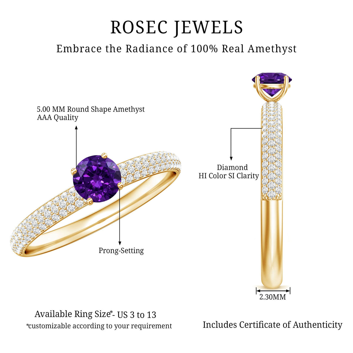Natural Amethyst Engagement Ring with Diamond for Women