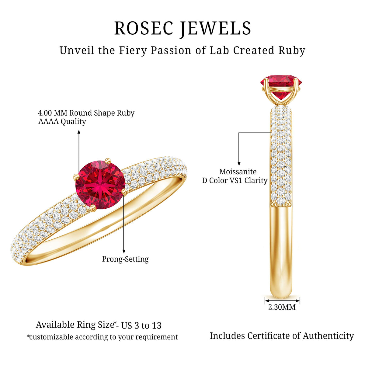 Lab Created Ruby Solitaire Ring with Moissanite Side Stones