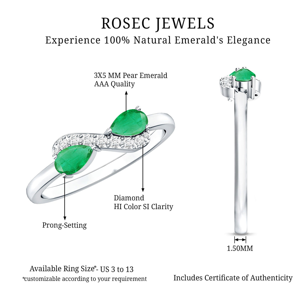 Natural Pear Emerald and Diamond Infinity Promise Ring