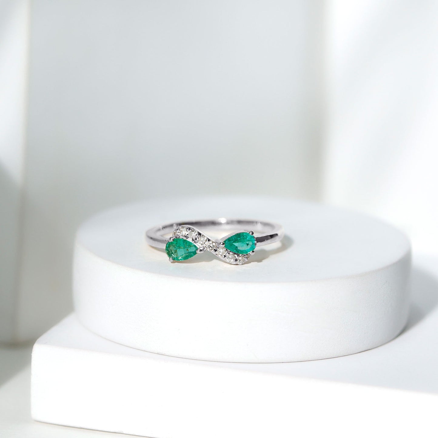 Natural Pear Emerald and Diamond Infinity Promise Ring
