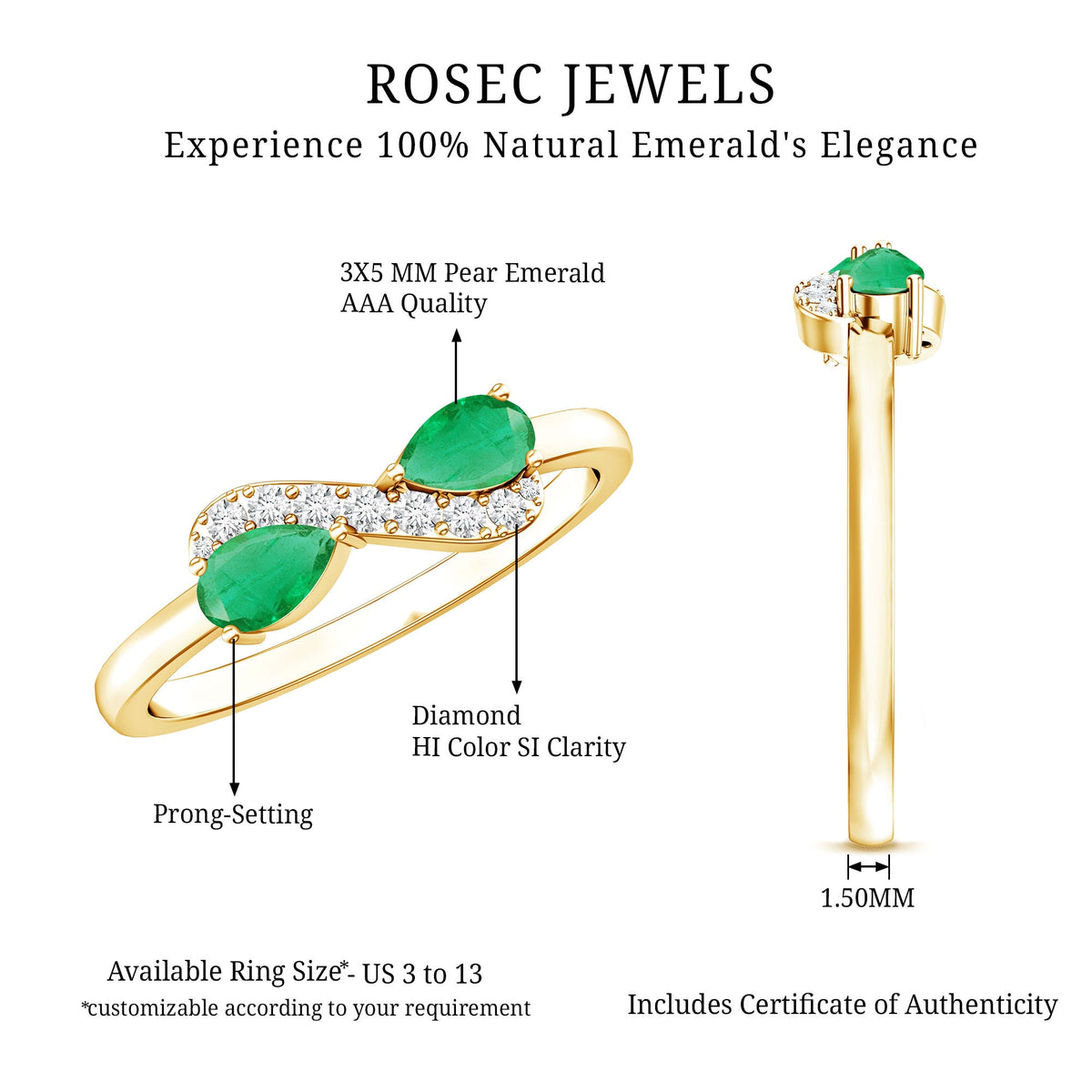 Natural Pear Emerald and Diamond Infinity Promise Ring