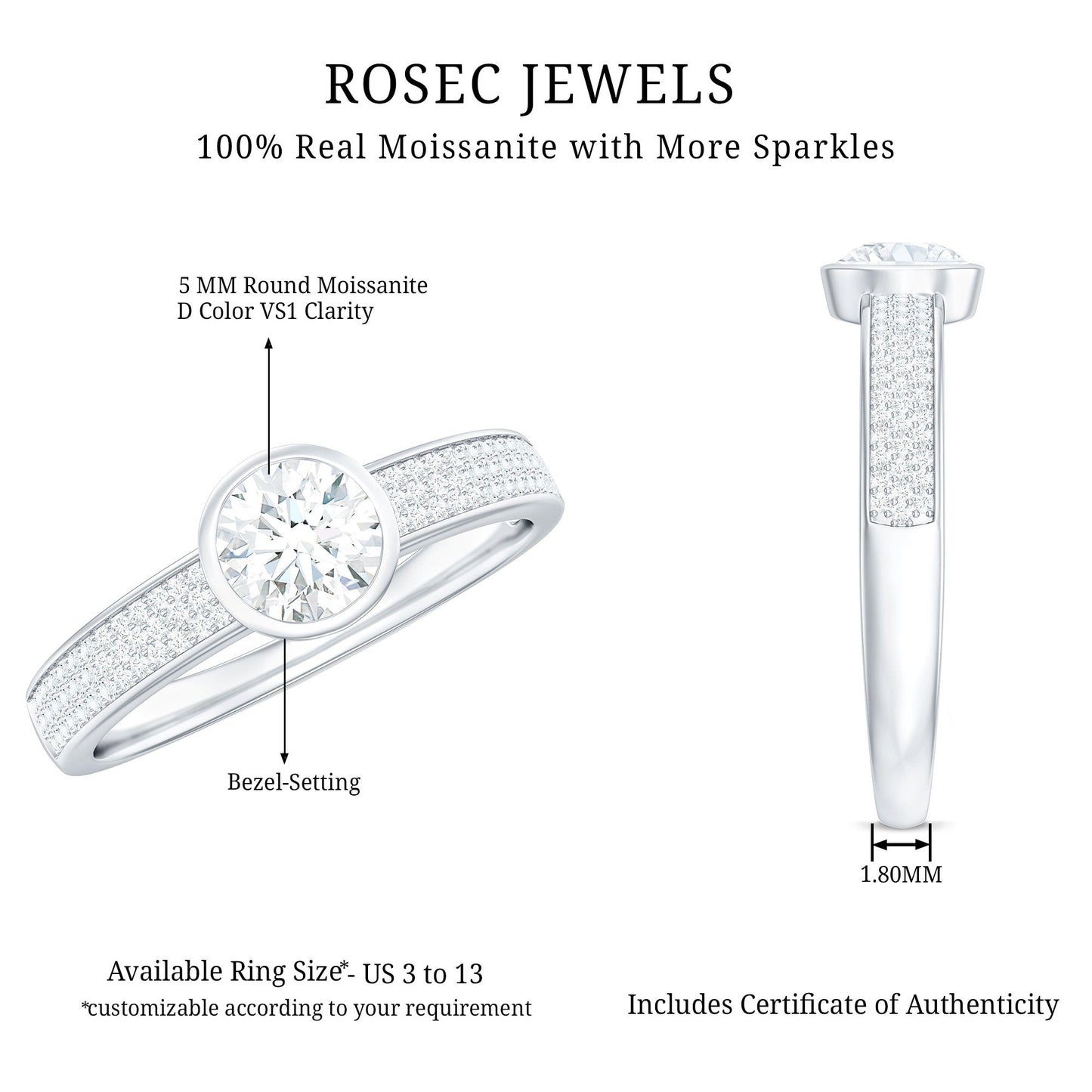 Bezel Set Moissanite Engagement Ring with Side Stones