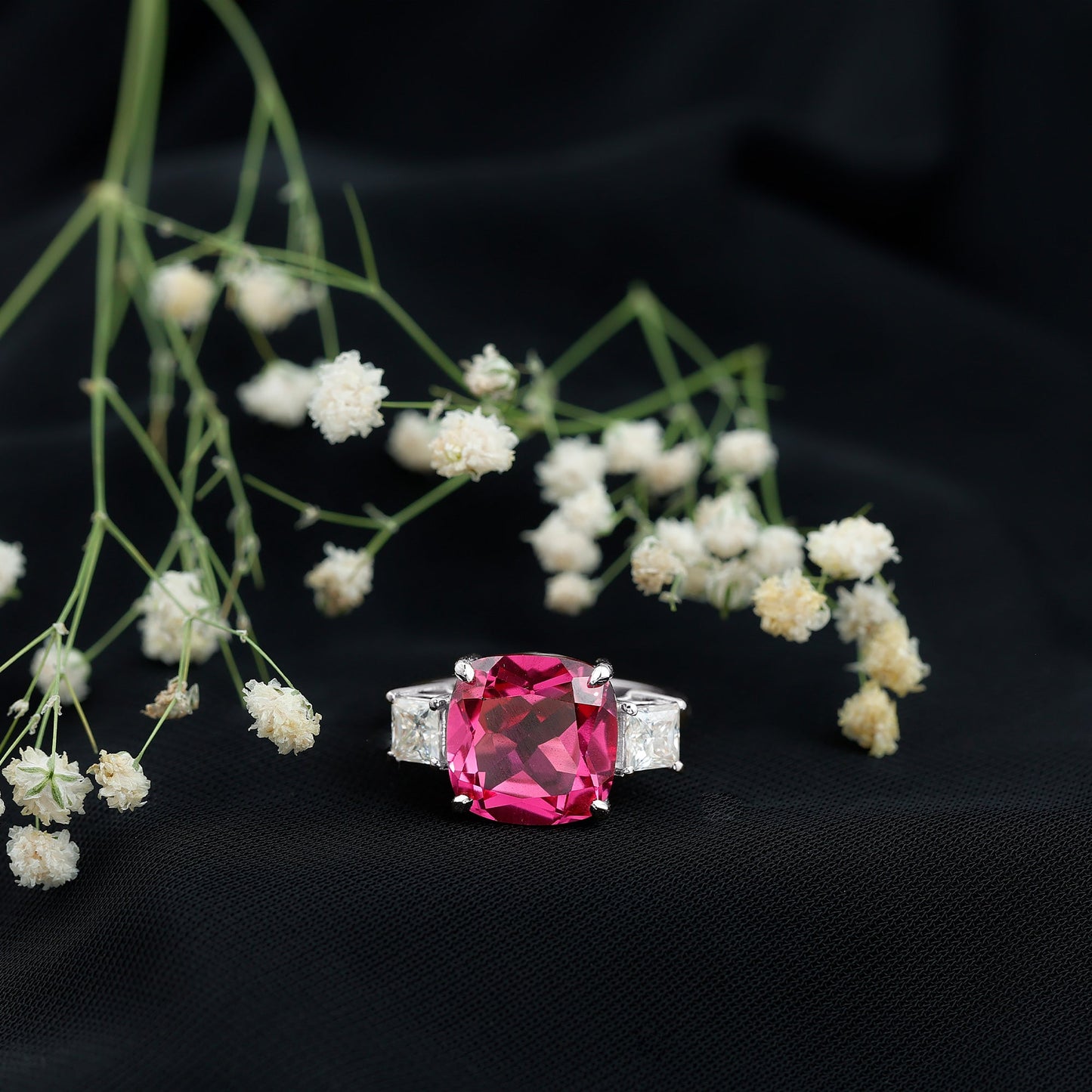 Lab Created Pink Sapphire Statement Engagement Ring with Moissanite