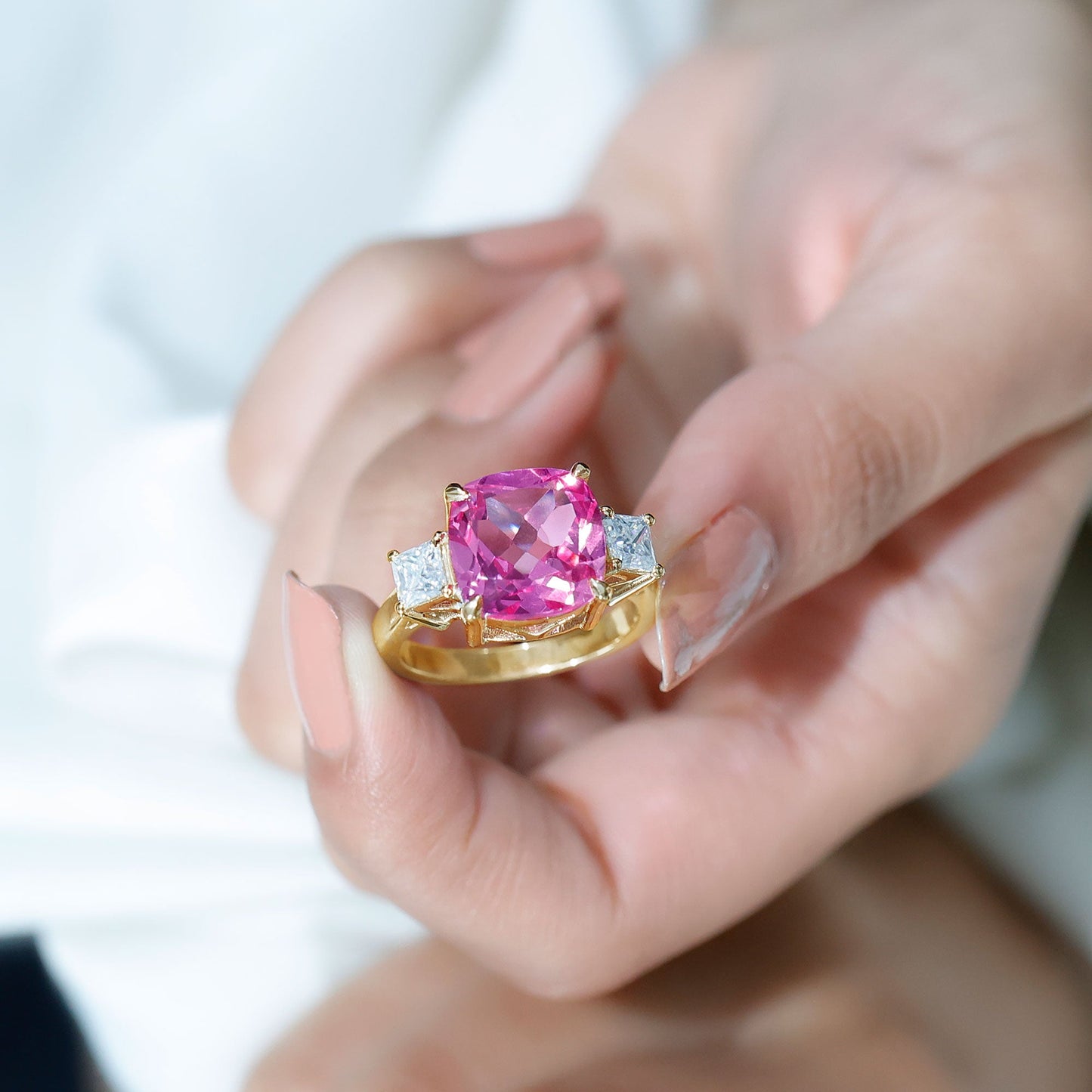 Lab Created Pink Sapphire Statement Engagement Ring with Moissanite