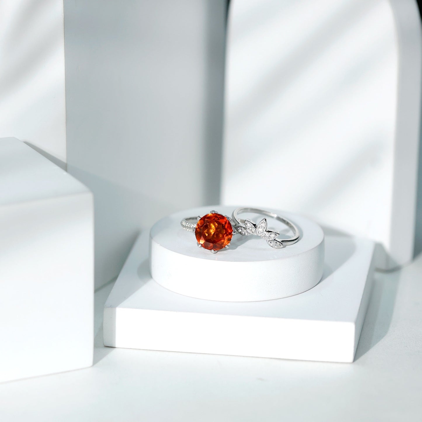 Nature Inspired 4.5 Carat Lab Grown Orange Sapphire Engagement Ring with Enhancer