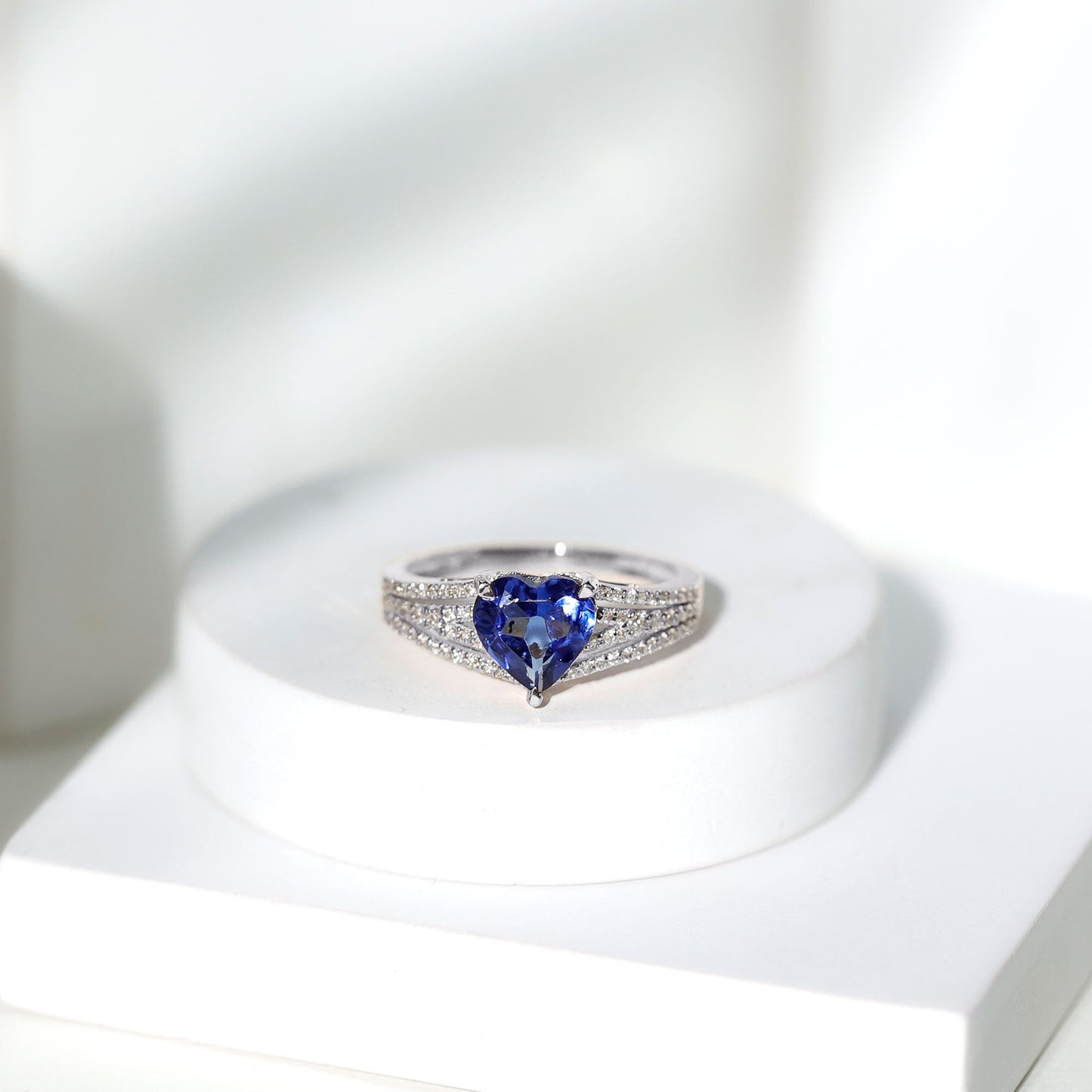 Certified 2 Carat Lab Grown Blue Sapphire Heart Engagement Ring with Diamond Split Shank