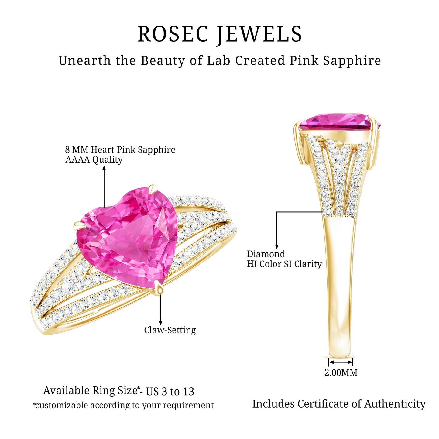 2 Carat Lab Created Pink Sapphire Heart Engagement Ring with Diamond