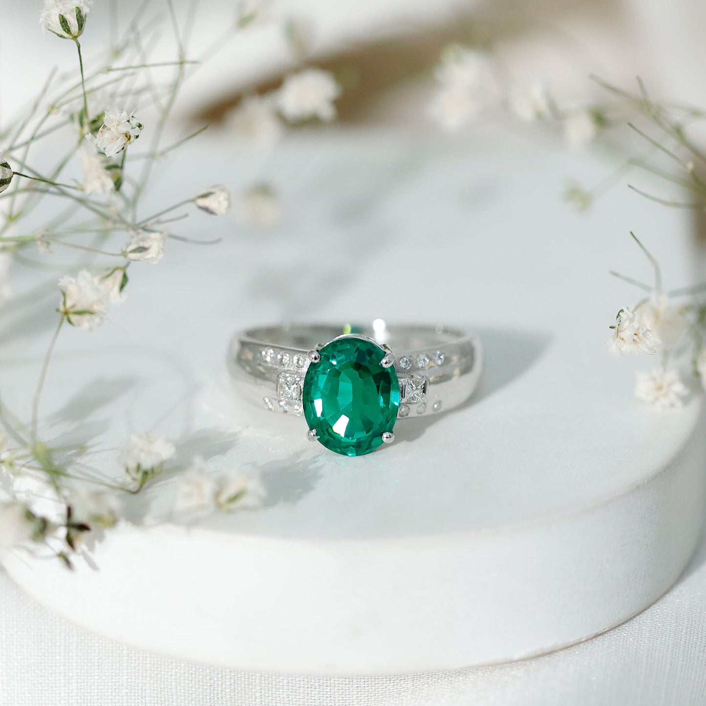 3 Carat Lab Grown Emerald Oval Engagement Ring with Diamond