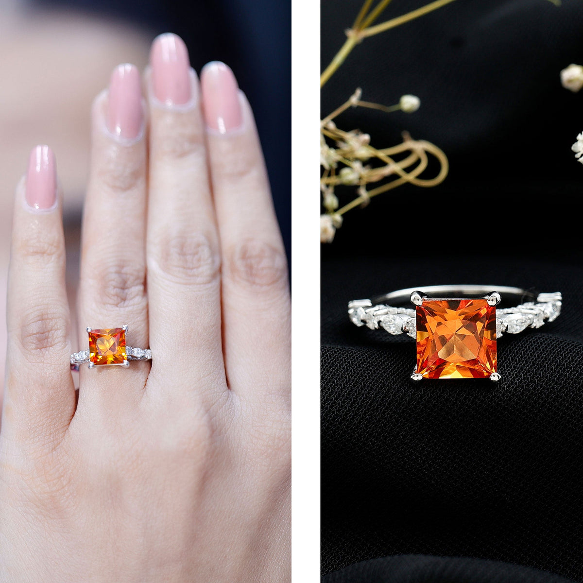2.75 Carat Lab Grown Orange Sapphire Princess Cut Engagement Ring with Side Stones