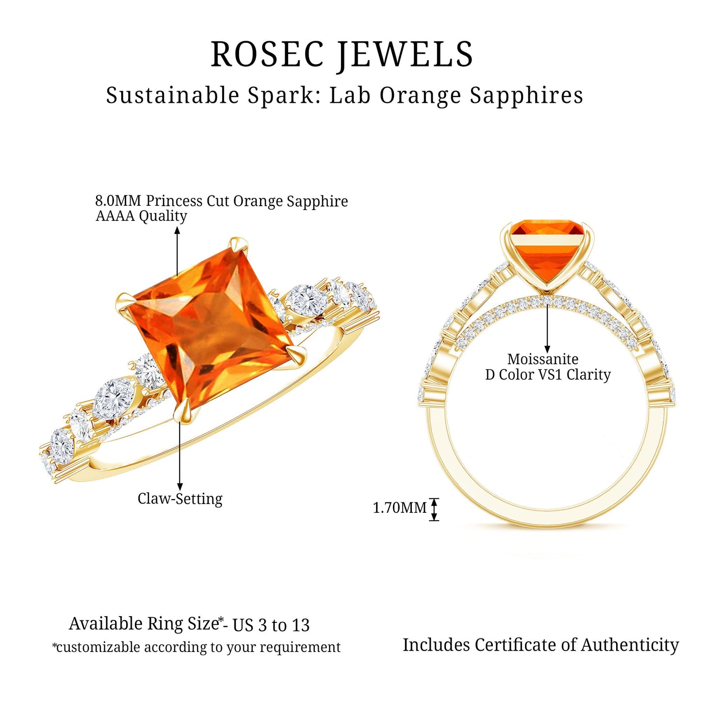 2.75 Carat Lab Grown Orange Sapphire Princess Cut Engagement Ring with Side Stones